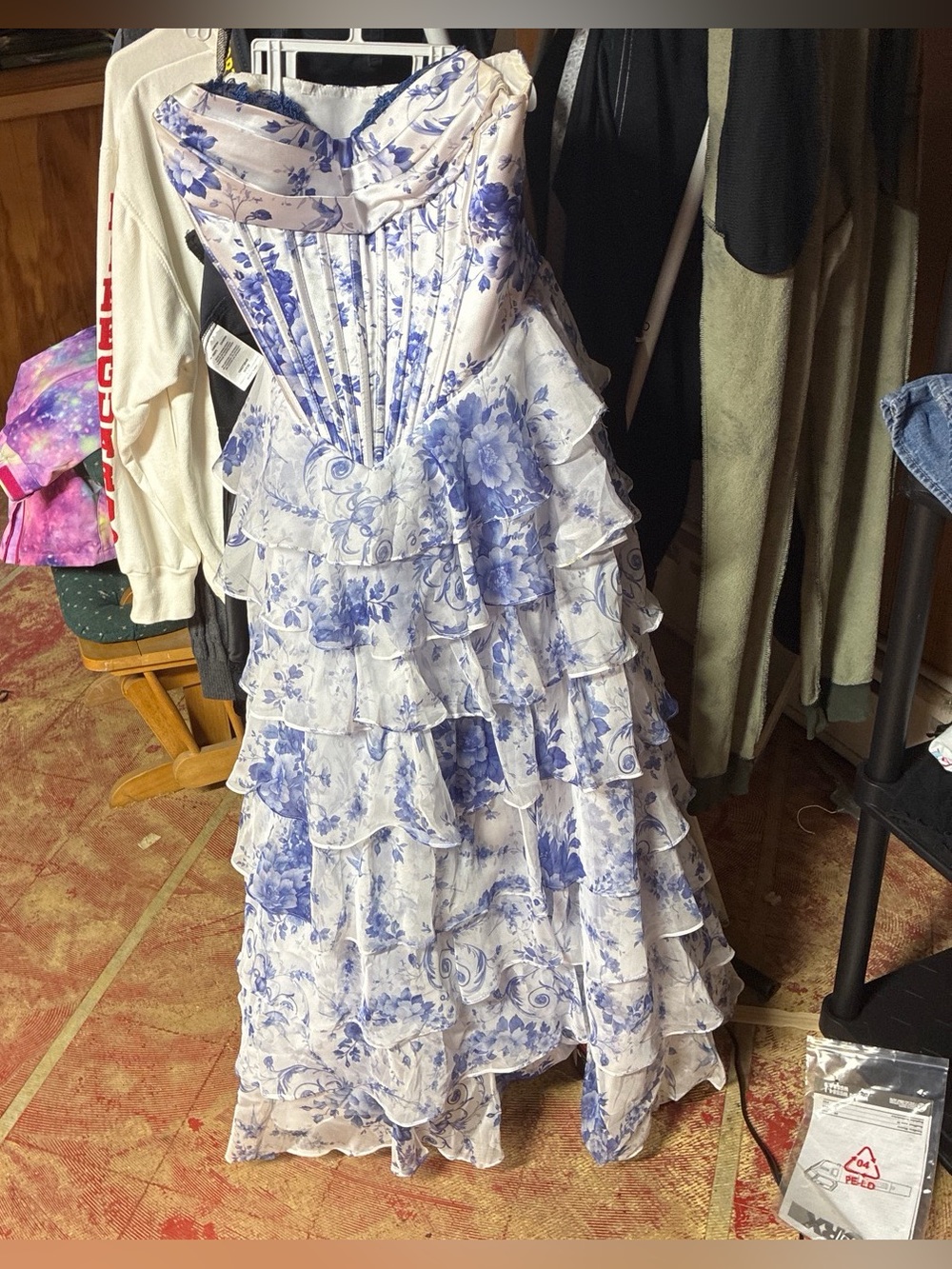 Blue and White Floral Ruffle Prom Dress with Tiered Skirt